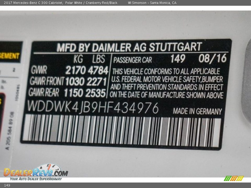 Mercedes-Benz Color Code 149 Polar White