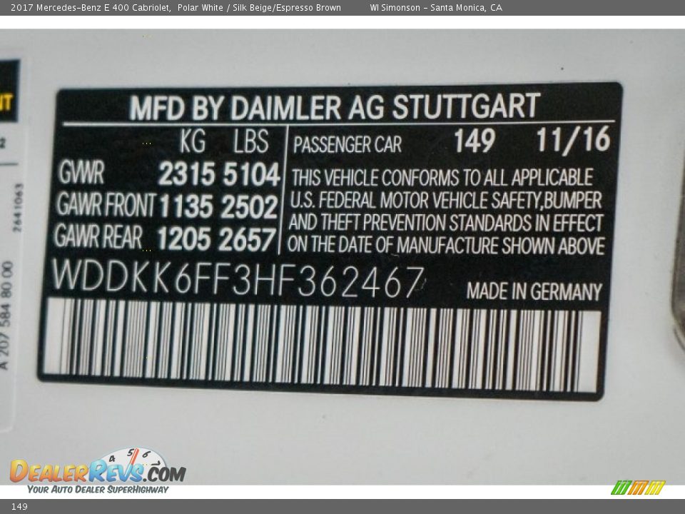 Mercedes-Benz Color Code 149 Polar White