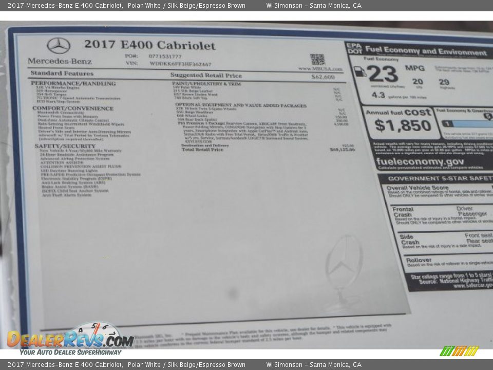 2017 Mercedes-Benz E 400 Cabriolet Window Sticker Photo #11