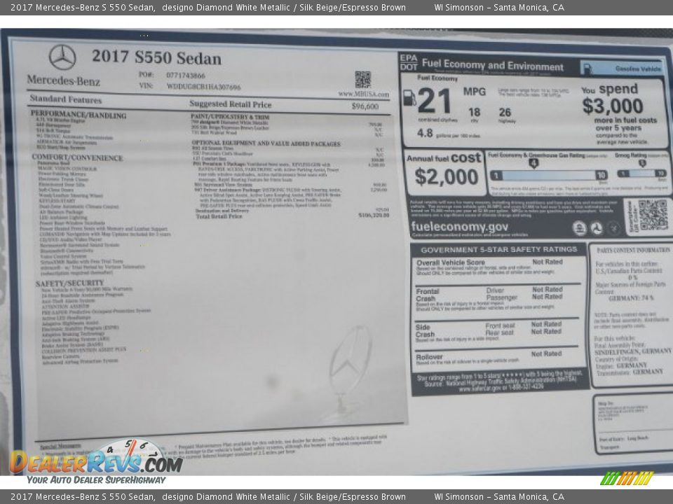 2017 Mercedes-Benz S 550 Sedan Window Sticker Photo #11