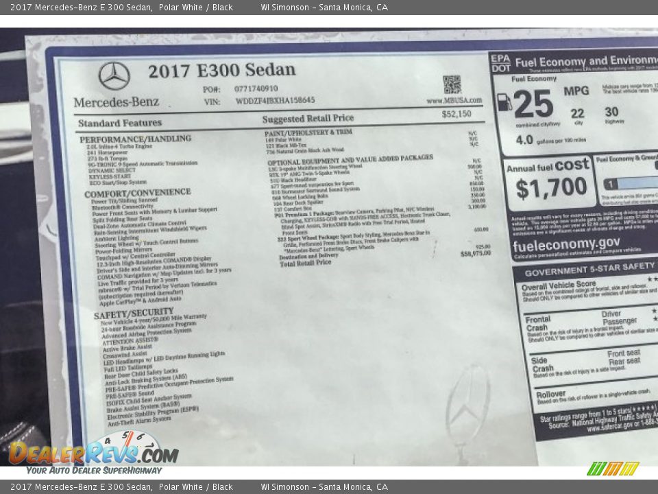 2017 Mercedes-Benz E 300 Sedan Polar White / Black Photo #10