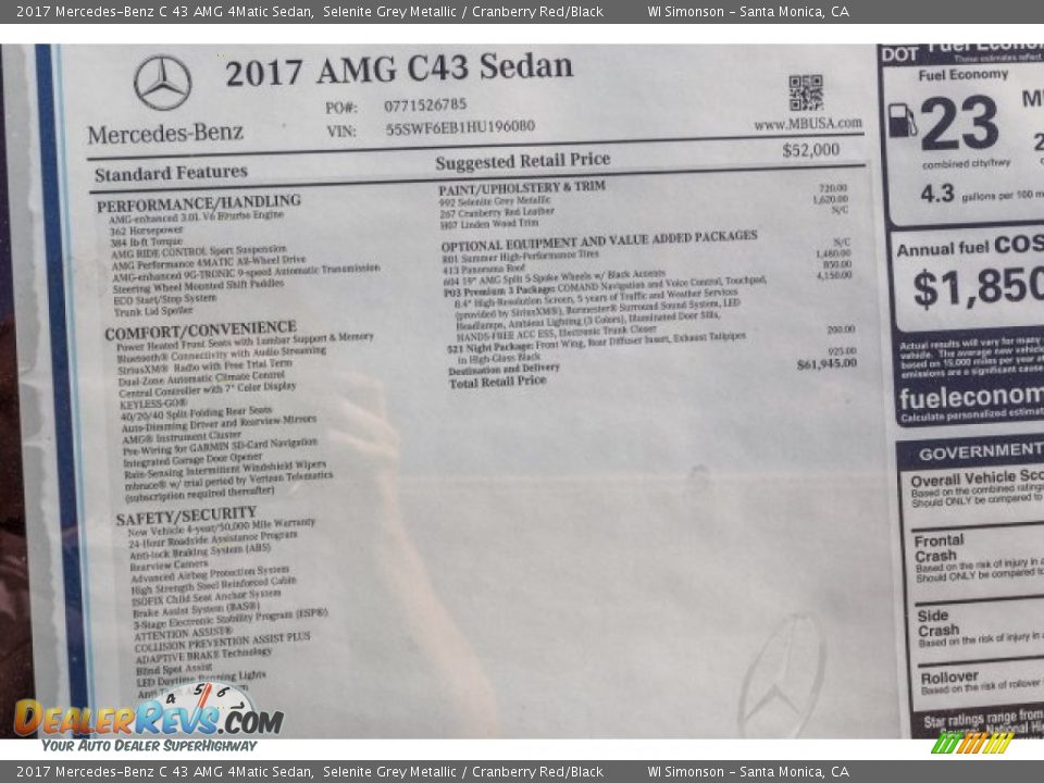 2017 Mercedes-Benz C 43 AMG 4Matic Sedan Window Sticker Photo #11