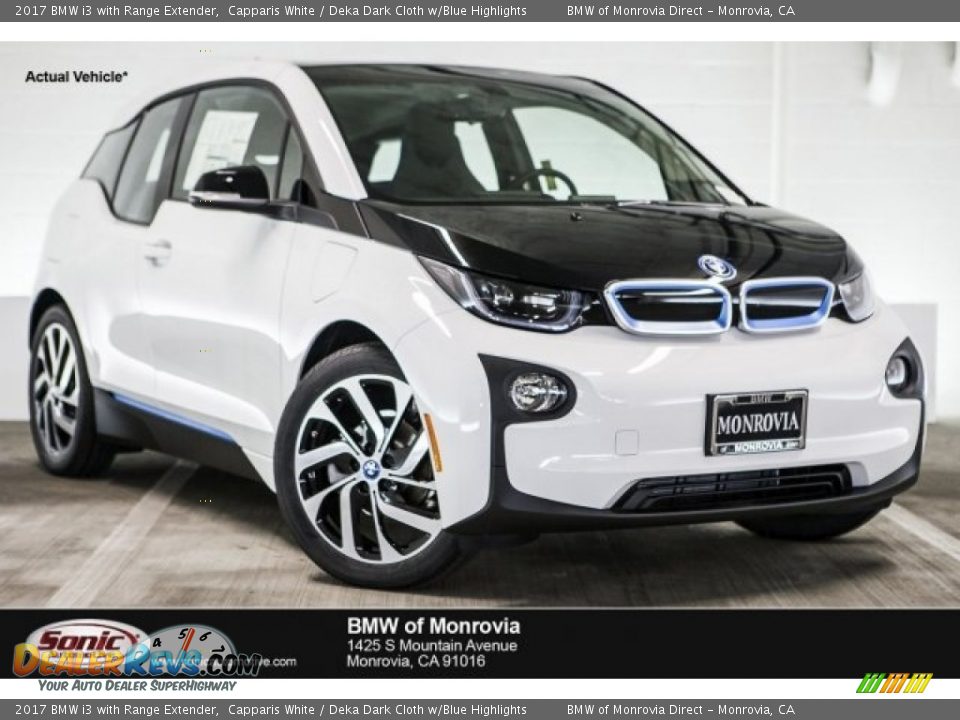 2017 BMW i3 with Range Extender Capparis White / Deka Dark Cloth w/Blue Highlights Photo #1