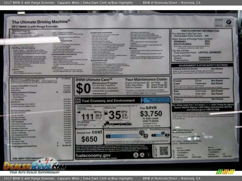 2017 BMW i3 with Range Extender Capparis White / Deka Dark Cloth w/Blue Highlights Photo #10