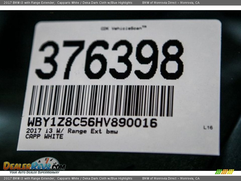 2017 BMW i3 with Range Extender Capparis White / Deka Dark Cloth w/Blue Highlights Photo #11