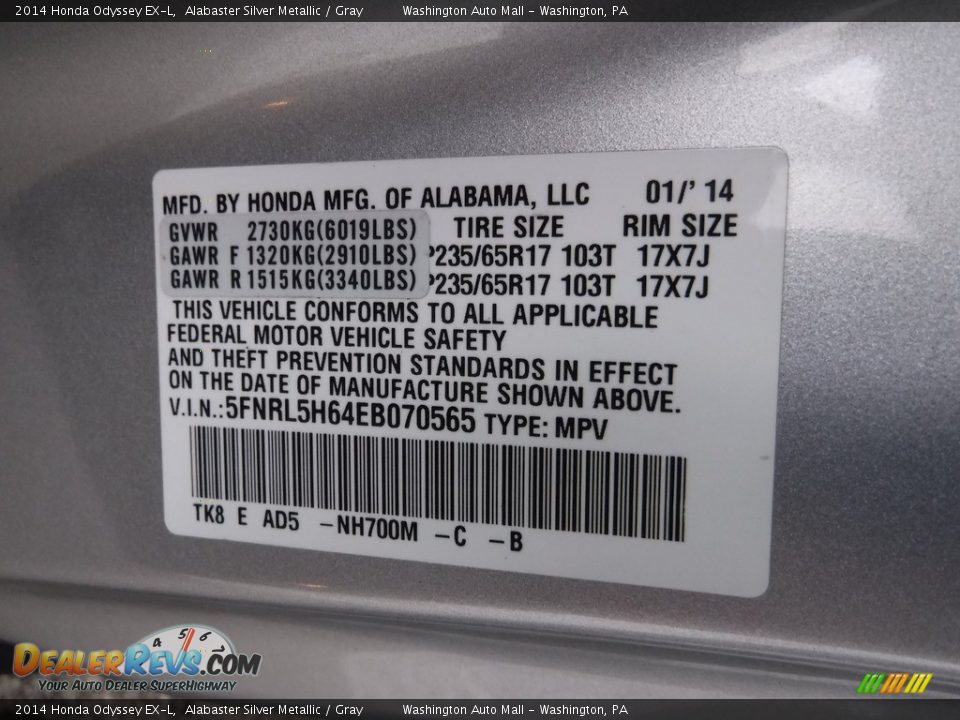 2014 Honda Odyssey EX-L Alabaster Silver Metallic / Gray Photo #26