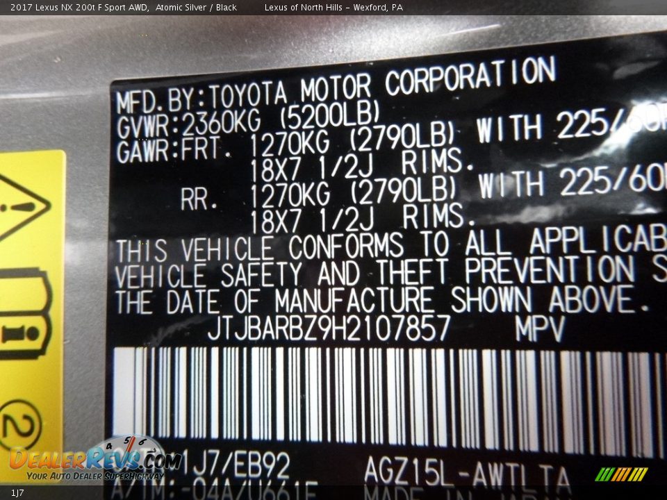 Lexus Color Code 1J7 Atomic Silver