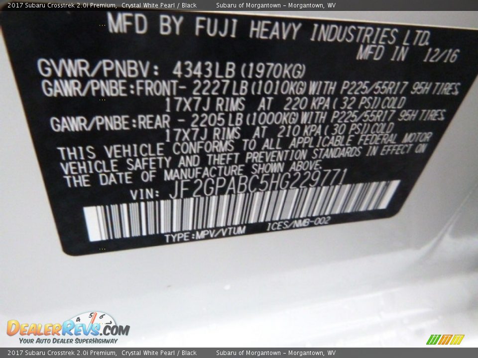 2017 Subaru Crosstrek 2.0i Premium Crystal White Pearl / Black Photo #14