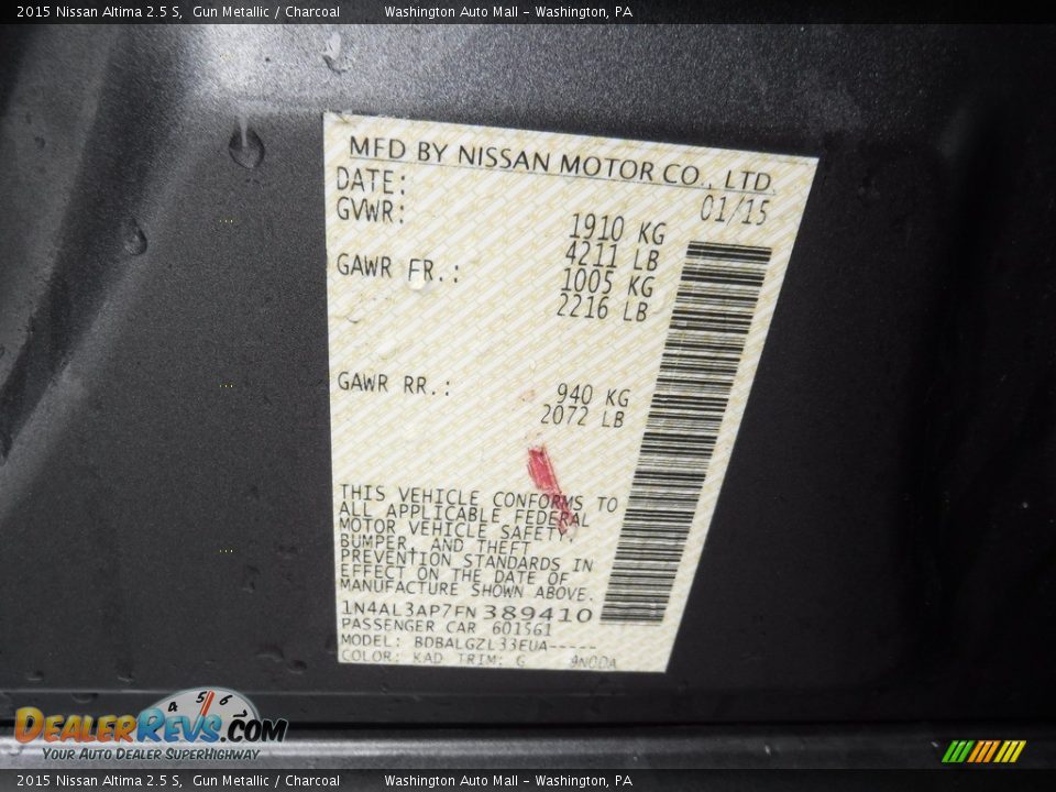 2015 Nissan Altima 2.5 S Gun Metallic / Charcoal Photo #24