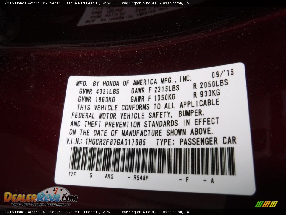 2016 Honda Accord EX-L Sedan Basque Red Pearl II / Ivory Photo #24