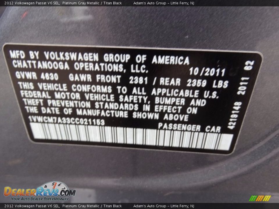 2012 Volkswagen Passat V6 SEL Platinum Gray Metallic / Titan Black Photo #27