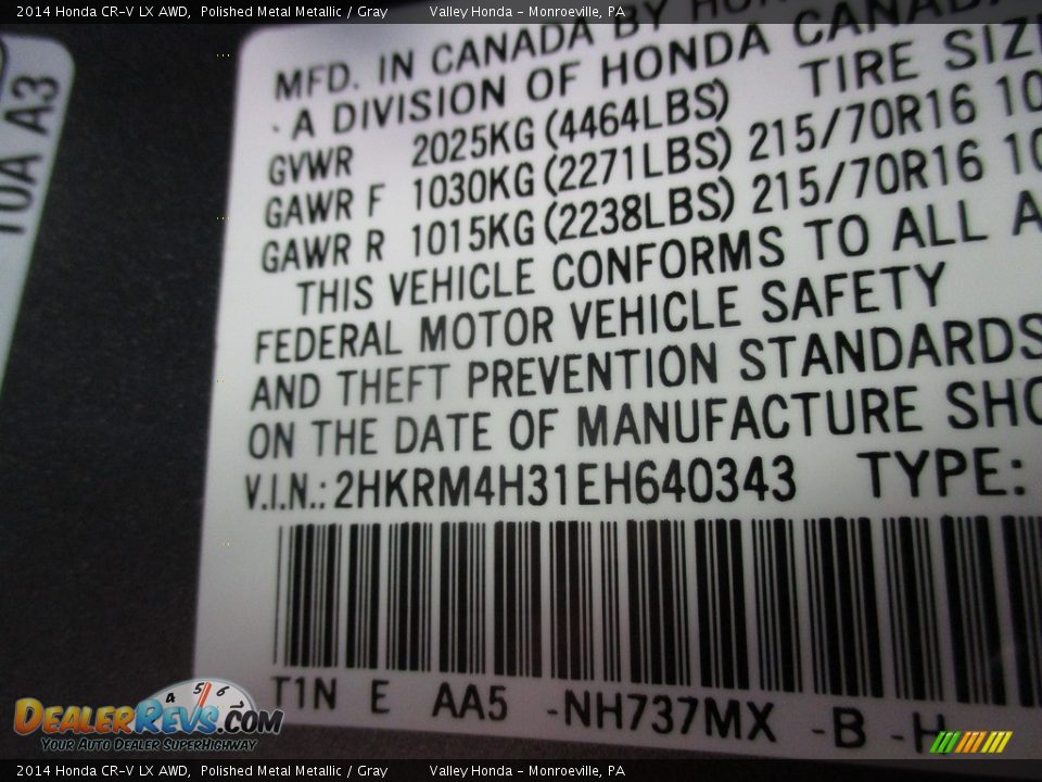 2014 Honda CR-V LX AWD Polished Metal Metallic / Gray Photo #19