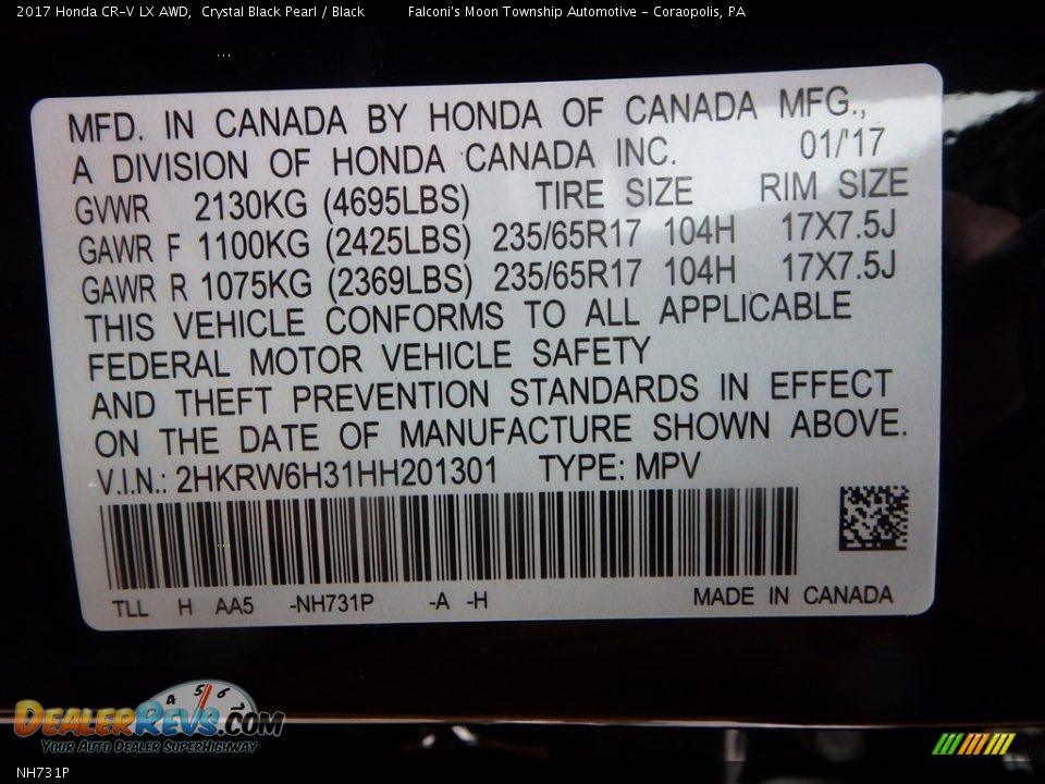 Honda Color Code NH731P Crystal Black Pearl