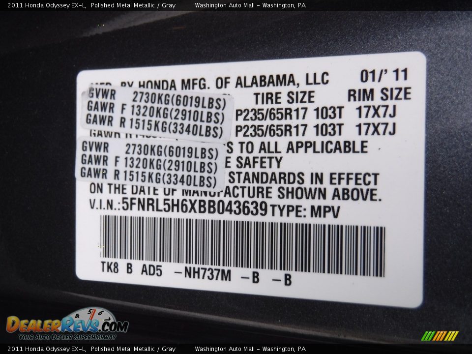2011 Honda Odyssey EX-L Polished Metal Metallic / Gray Photo #29