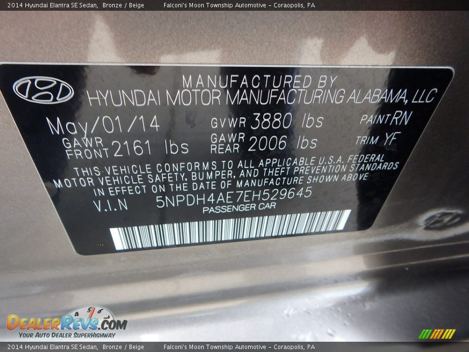 2014 Hyundai Elantra SE Sedan Bronze / Beige Photo #23