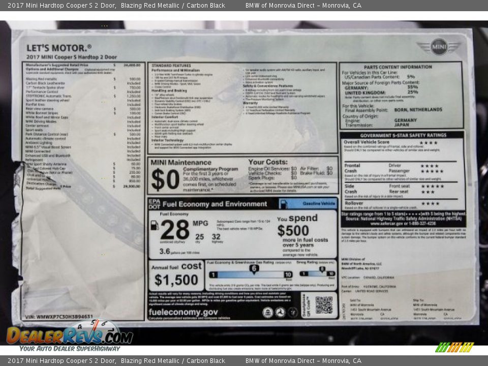 2017 Mini Hardtop Cooper S 2 Door Blazing Red Metallic / Carbon Black Photo #10