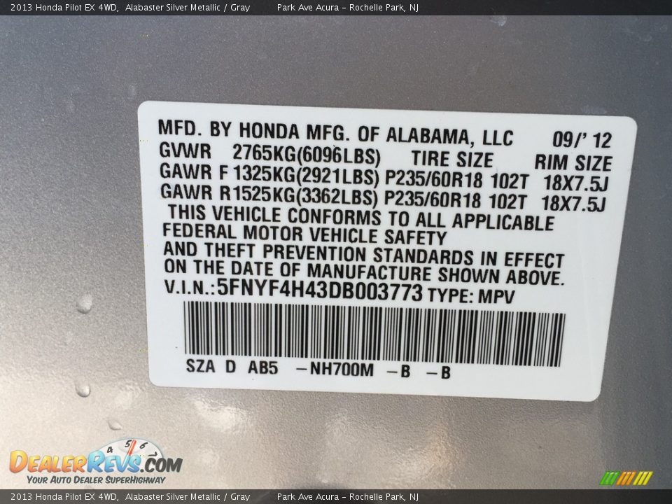 2013 Honda Pilot EX 4WD Alabaster Silver Metallic / Gray Photo #31
