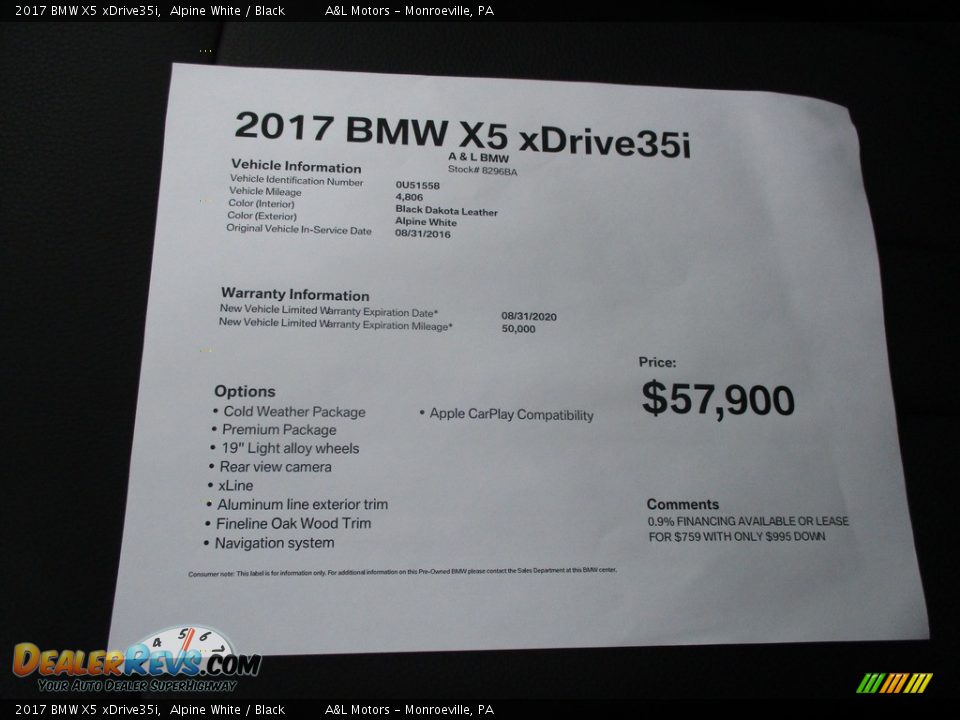 2017 BMW X5 xDrive35i Alpine White / Black Photo #11