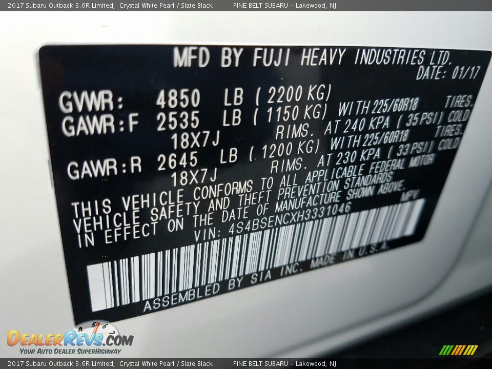 2017 Subaru Outback 3.6R Limited Crystal White Pearl / Slate Black Photo #7