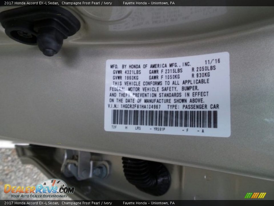 2017 Honda Accord EX-L Sedan Champagne Frost Pearl / Ivory Photo #9