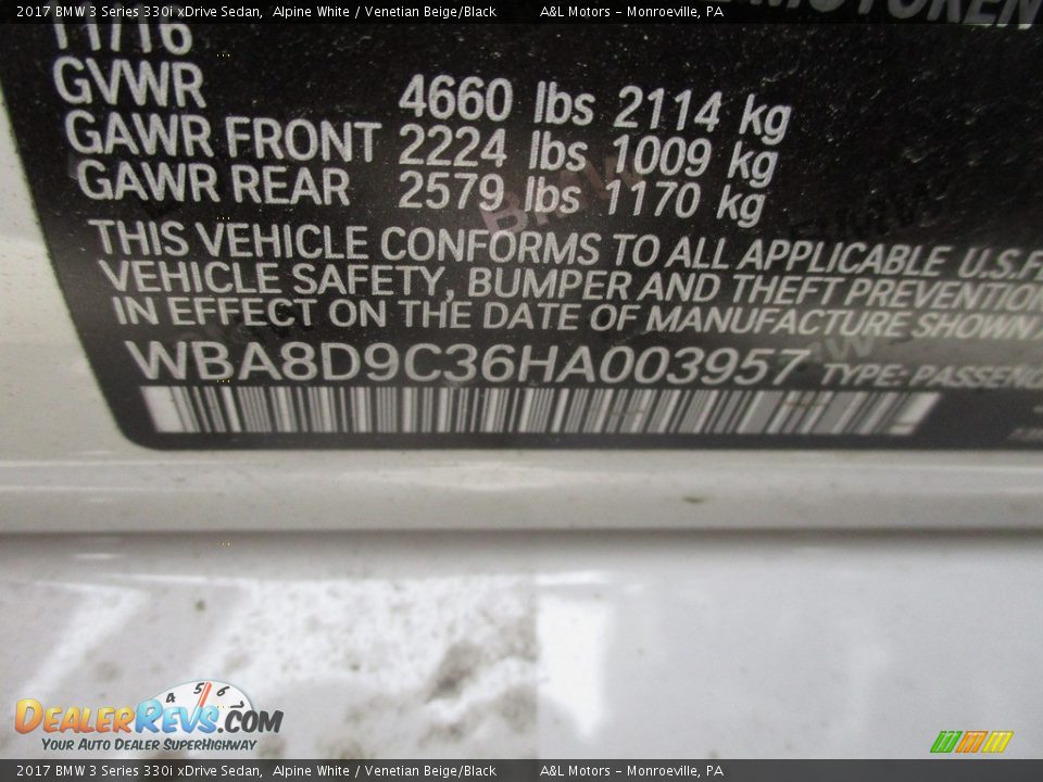 2017 BMW 3 Series 330i xDrive Sedan Alpine White / Venetian Beige/Black Photo #19