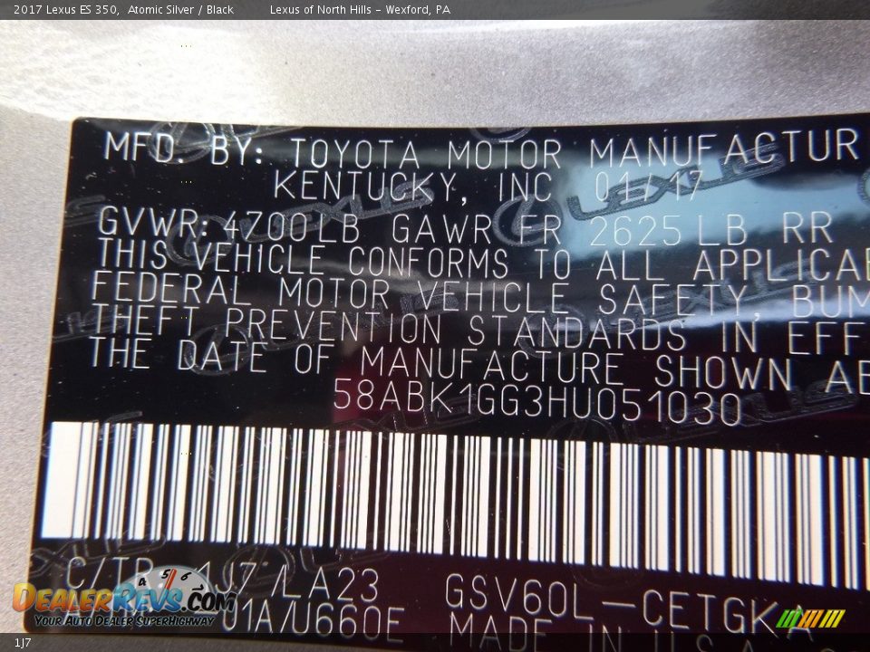 Lexus Color Code 1J7 Atomic Silver