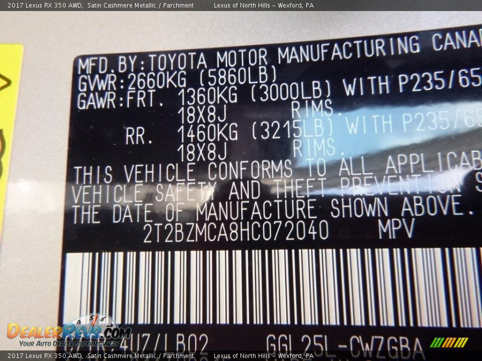 2017 Lexus RX 350 AWD Satin Cashmere Metallic / Parchment Photo #11