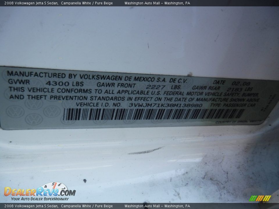 2008 Volkswagen Jetta S Sedan Campanella White / Pure Beige Photo #19