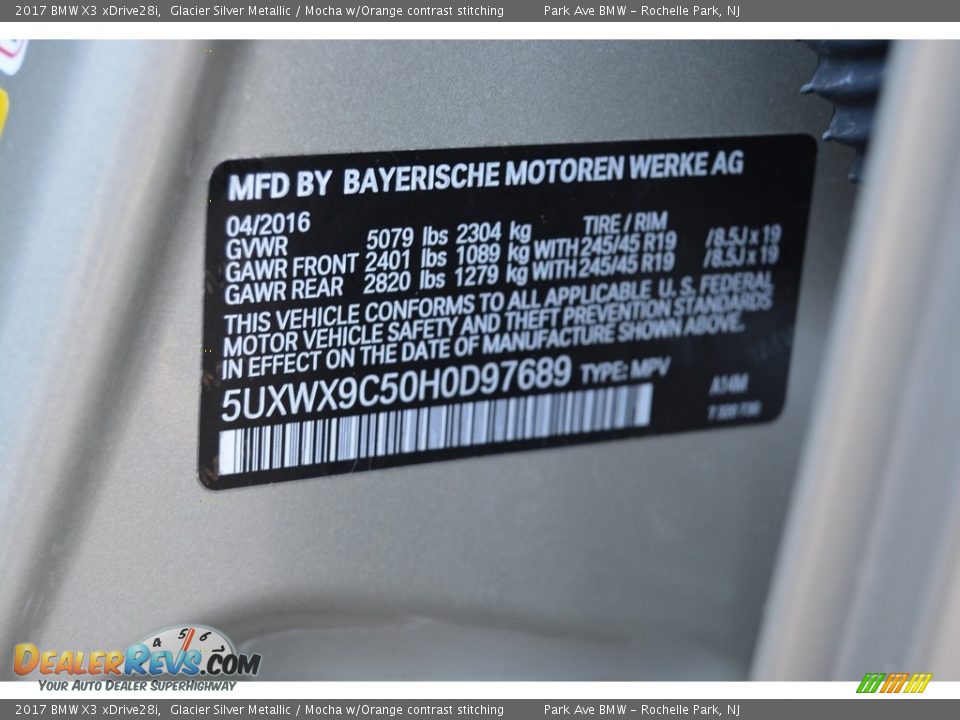 2017 BMW X3 xDrive28i Glacier Silver Metallic / Mocha w/Orange contrast stitching Photo #34