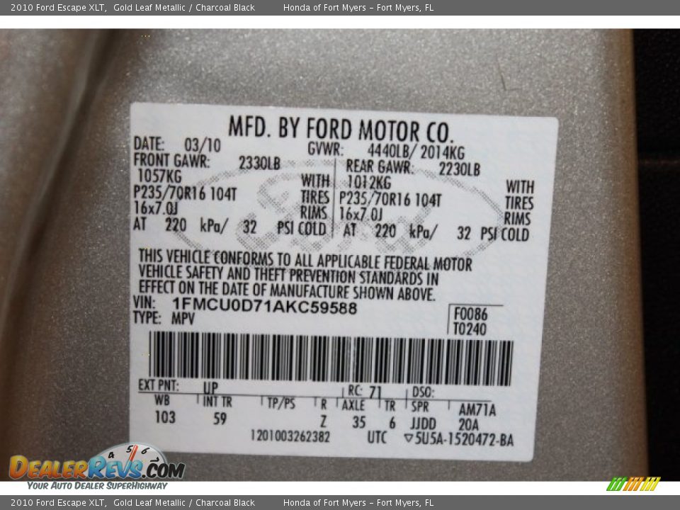 2010 Ford Escape XLT Gold Leaf Metallic / Charcoal Black Photo #35