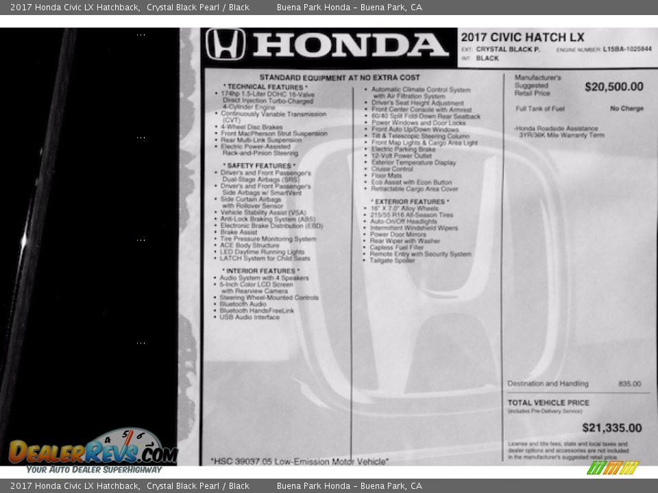 2017 Honda Civic LX Hatchback Crystal Black Pearl / Black Photo #15