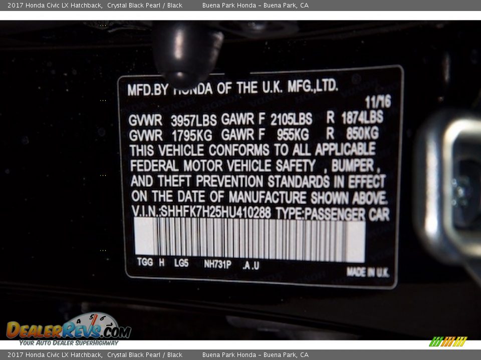 2017 Honda Civic LX Hatchback Crystal Black Pearl / Black Photo #17