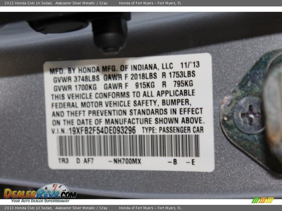 2013 Honda Civic LX Sedan Alabaster Silver Metallic / Gray Photo #32
