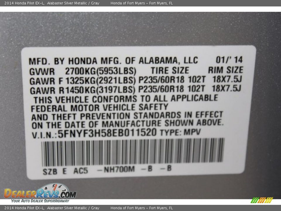 2014 Honda Pilot EX-L Alabaster Silver Metallic / Gray Photo #36