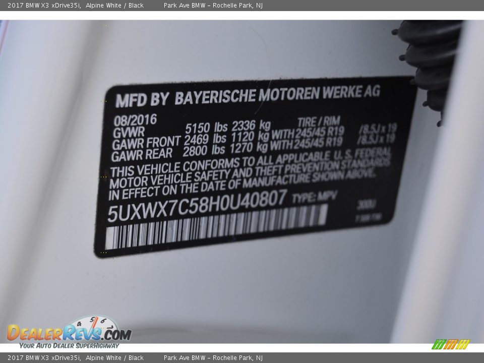 2017 BMW X3 xDrive35i Alpine White / Black Photo #34