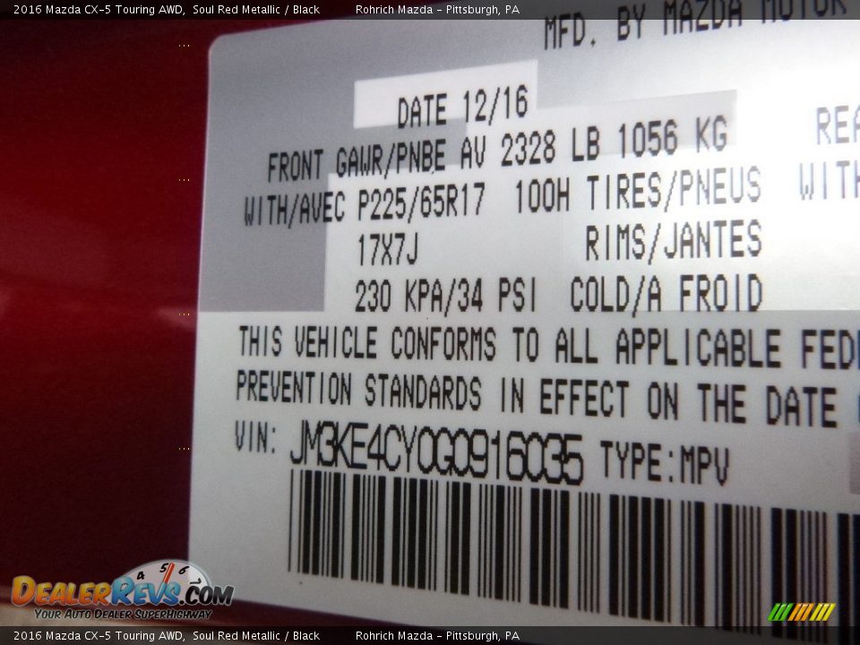 2016 Mazda CX-5 Touring AWD Soul Red Metallic / Black Photo #11