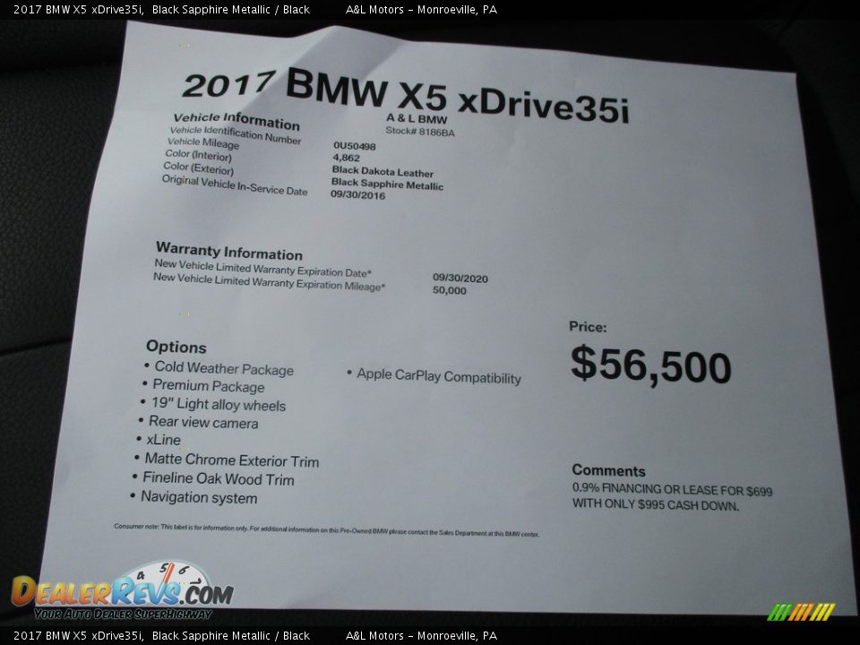 2017 BMW X5 xDrive35i Black Sapphire Metallic / Black Photo #10