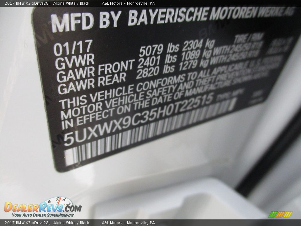 2017 BMW X3 xDrive28i Alpine White / Black Photo #19