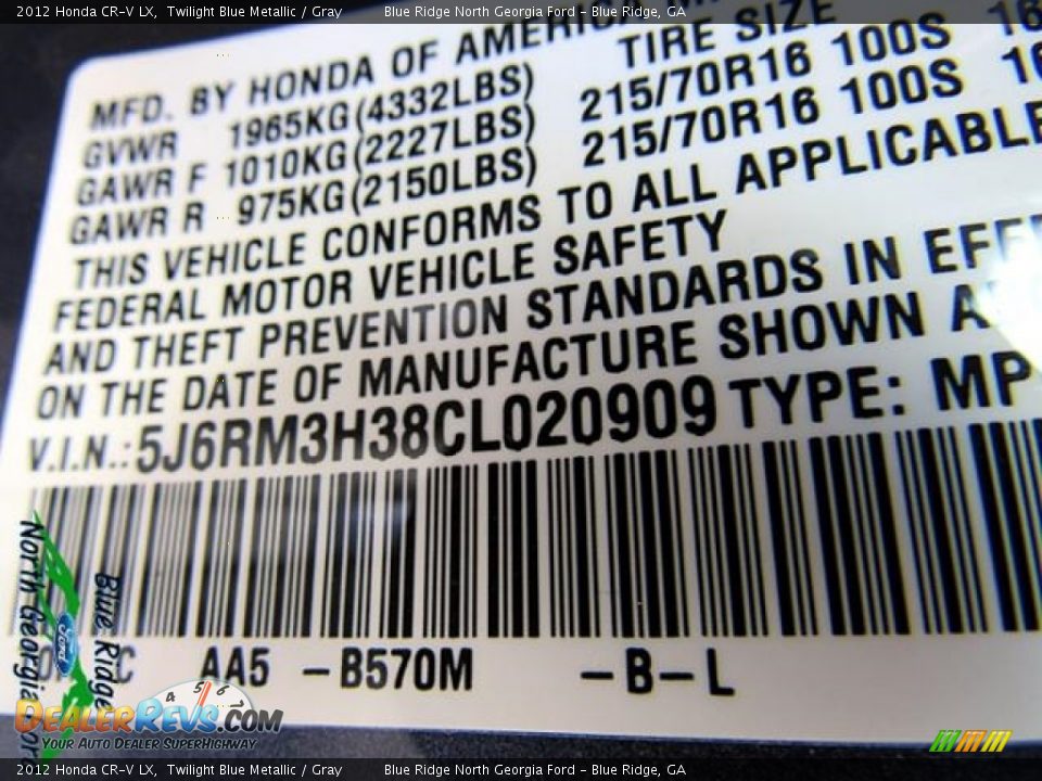 2012 Honda CR-V LX Twilight Blue Metallic / Gray Photo #25