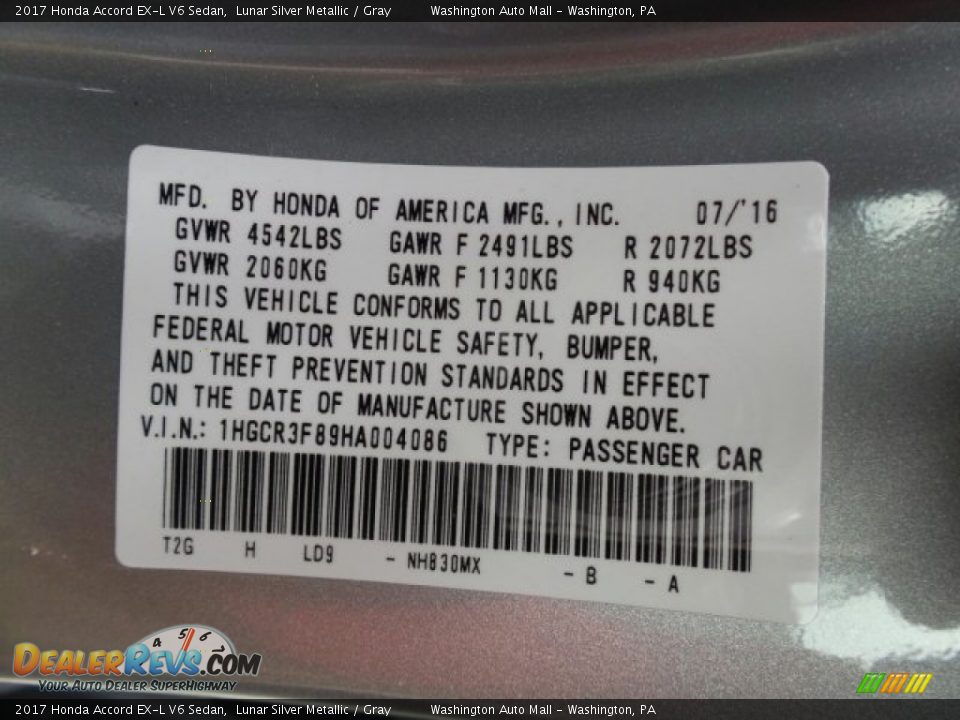 2017 Honda Accord EX-L V6 Sedan Lunar Silver Metallic / Gray Photo #8