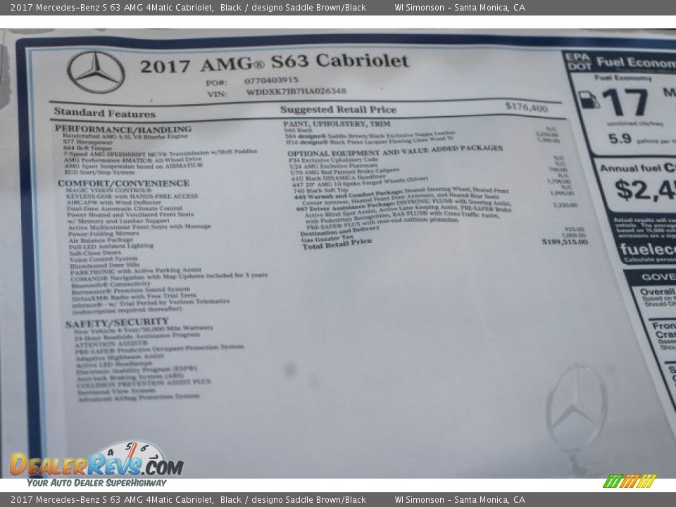 2017 Mercedes-Benz S 63 AMG 4Matic Cabriolet Window Sticker Photo #31