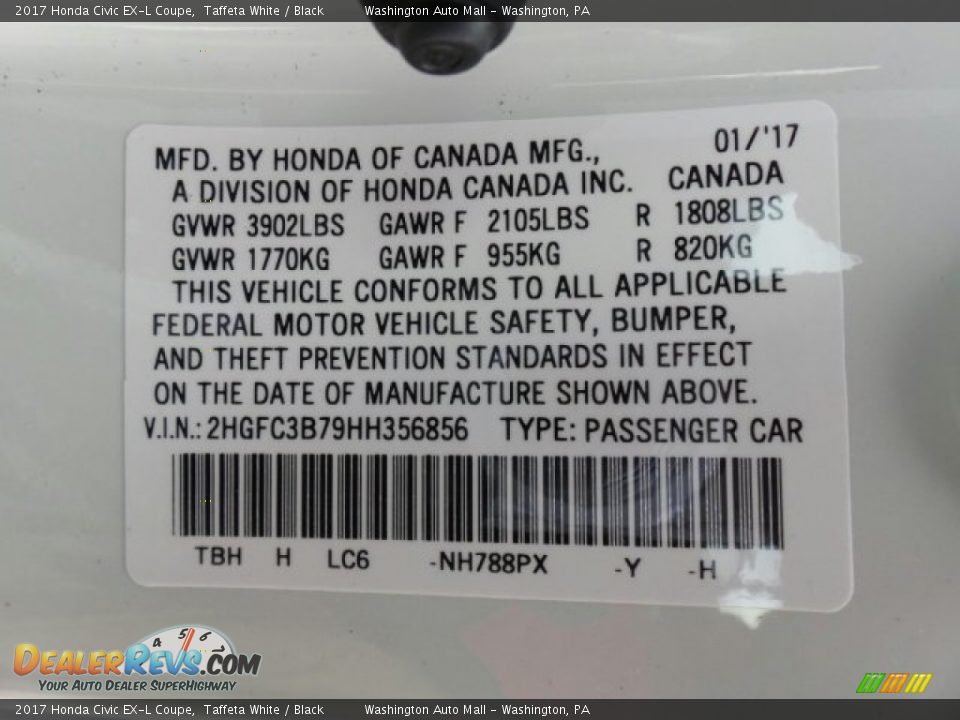 2017 Honda Civic EX-L Coupe Taffeta White / Black Photo #8