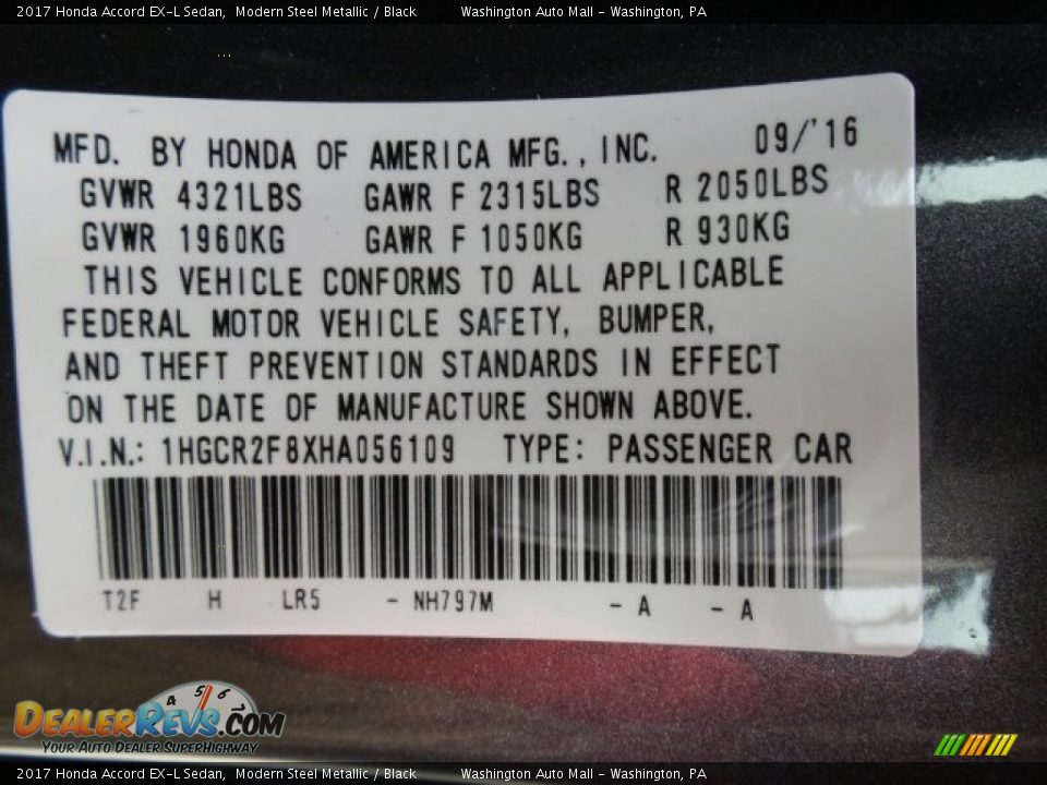 2017 Honda Accord EX-L Sedan Modern Steel Metallic / Black Photo #8