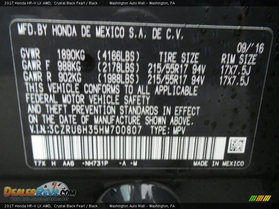 2017 Honda HR-V LX AWD Crystal Black Pearl / Black Photo #8