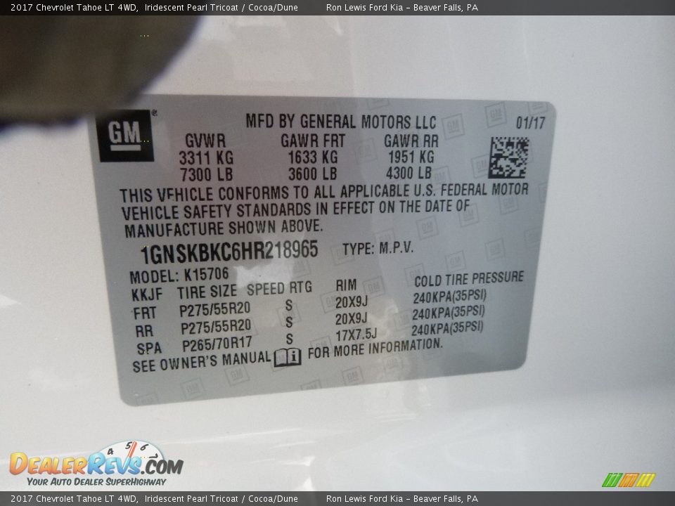 2017 Chevrolet Tahoe LT 4WD Iridescent Pearl Tricoat / Cocoa/Dune Photo #14