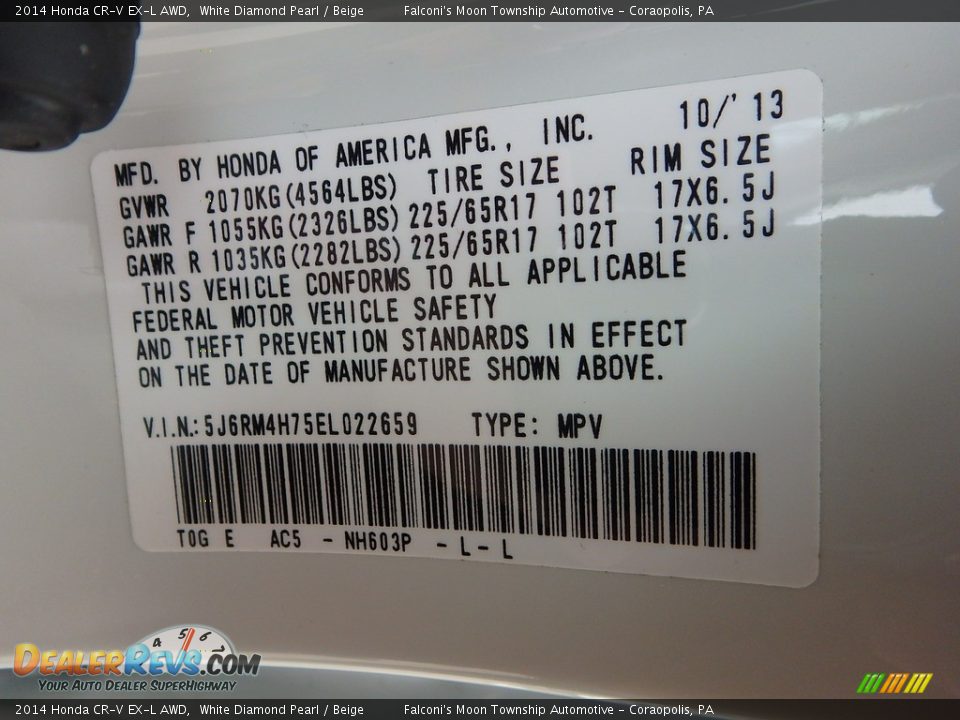 2014 Honda CR-V EX-L AWD White Diamond Pearl / Beige Photo #23