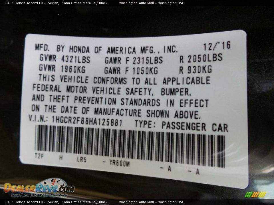 2017 Honda Accord EX-L Sedan Kona Coffee Metallic / Black Photo #8