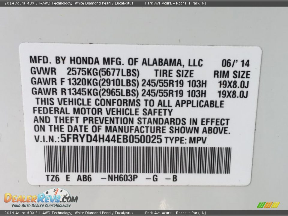 2014 Acura MDX SH-AWD Technology White Diamond Pearl / Eucalyptus Photo #33