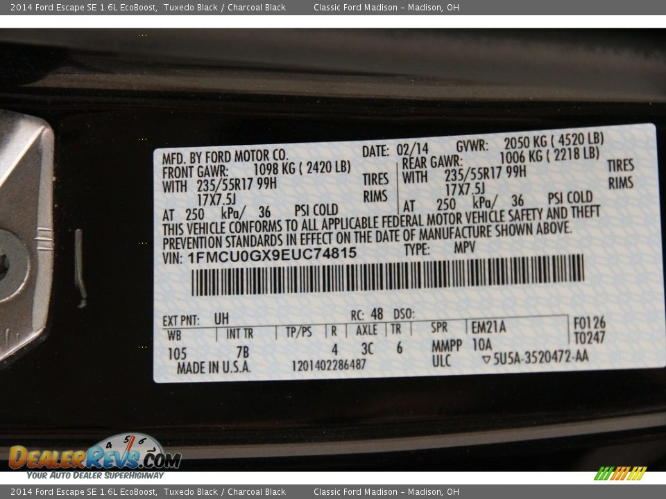 2014 Ford Escape SE 1.6L EcoBoost Tuxedo Black / Charcoal Black Photo #20