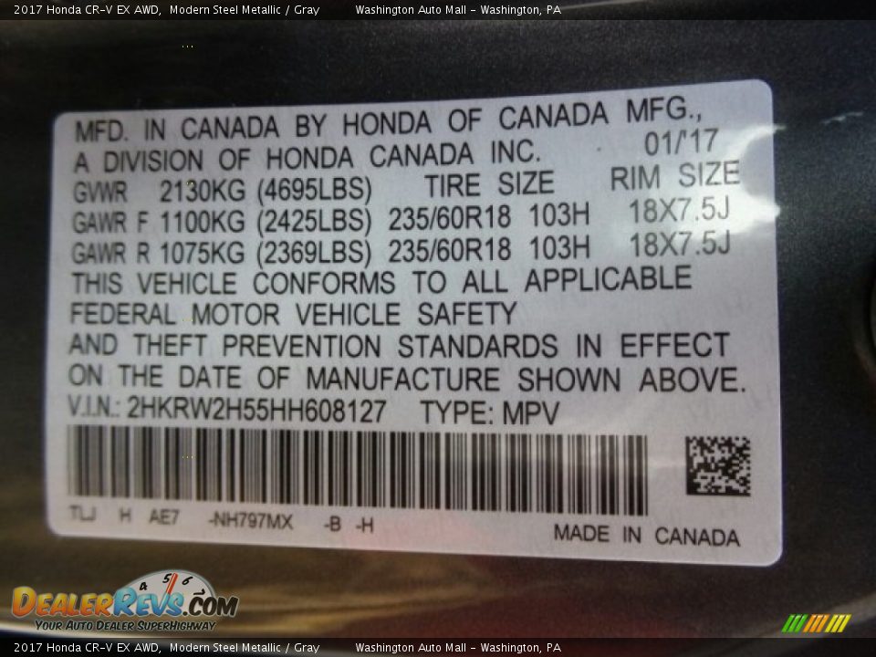 2017 Honda CR-V EX AWD Modern Steel Metallic / Gray Photo #8